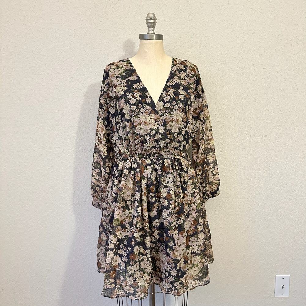 MADEWELL Mini Dress Multicolor Floral Puff Sleeve Drawstring Faux Wrap